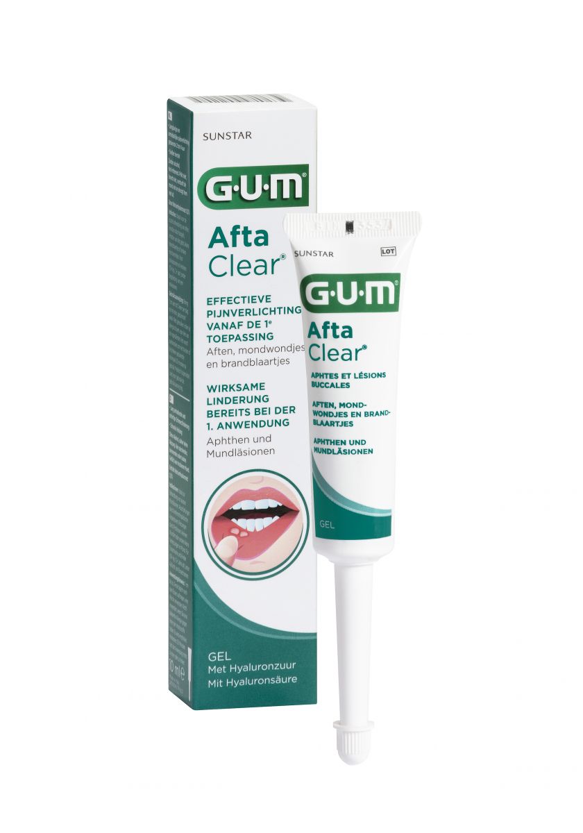 GUM AftaClear Gel 10ml zur Behandlung von Mundschleimhautbeschwerden, mit Verpackung.
