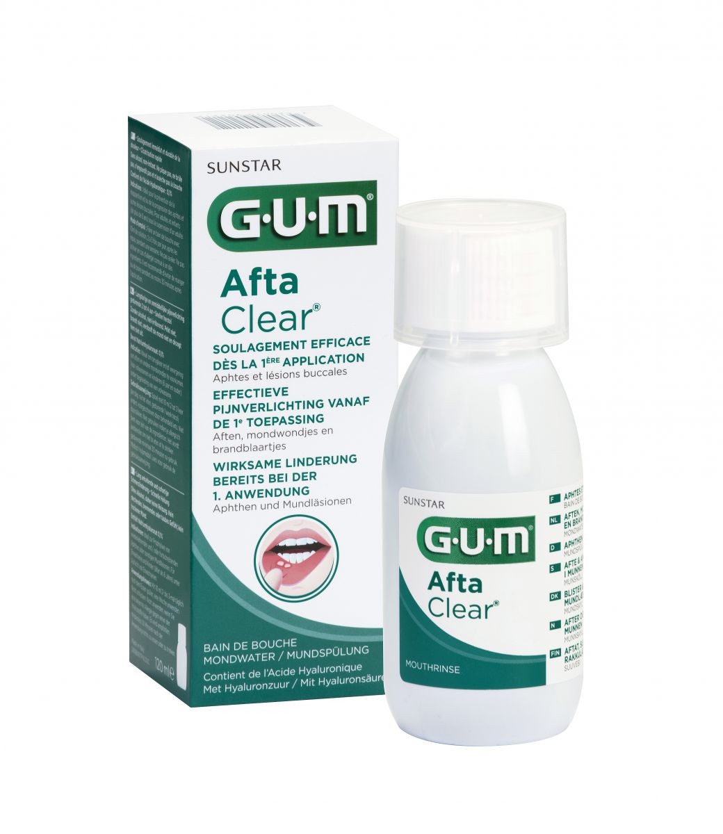 GUM AftaClear Mundspülung 120ml Flasche mit Verpackung.