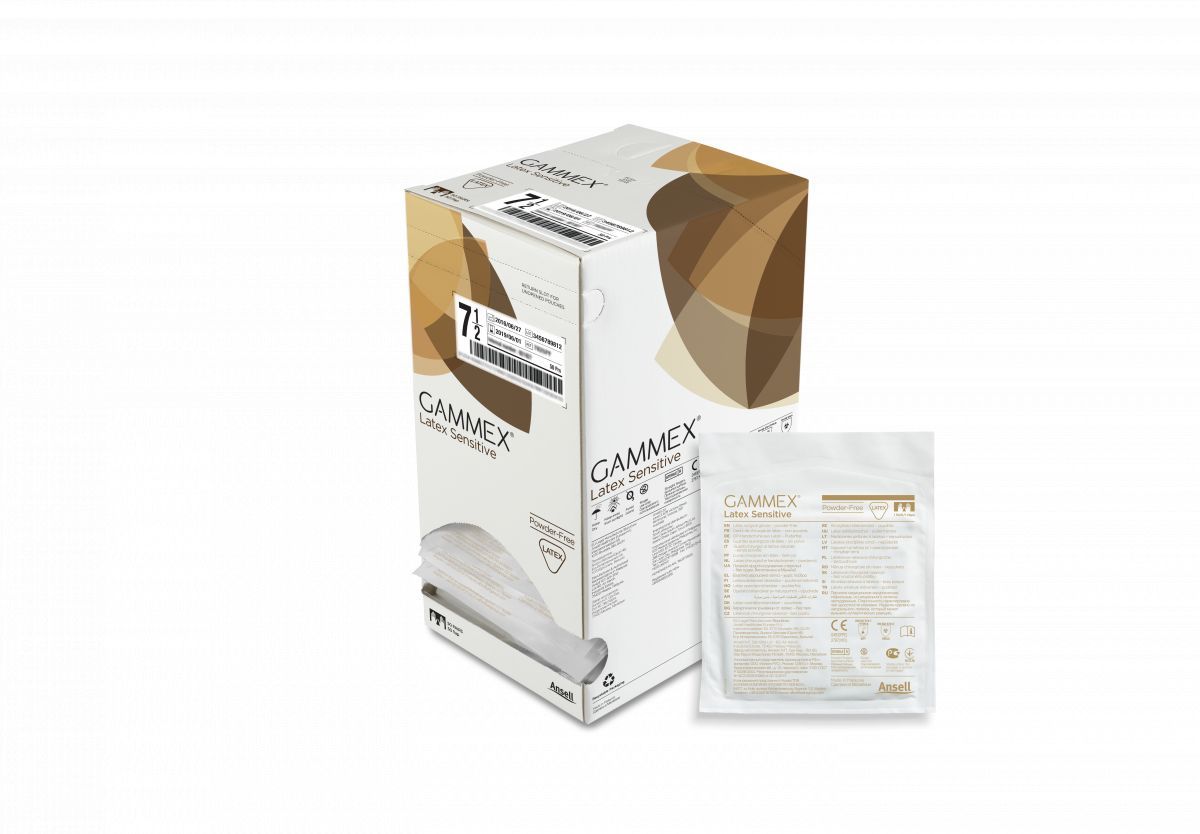 Gammex Latex Sensitive Handschuhe Größe 6 mit Verpackung und Beipackzettel.