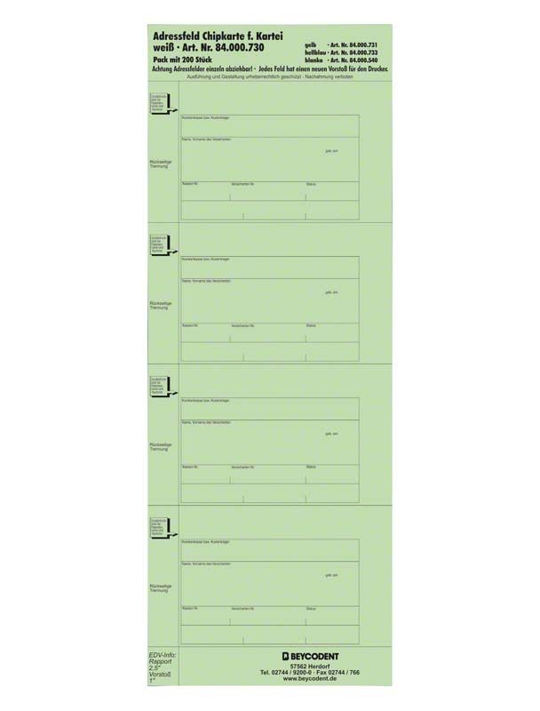 Adressfeldstreifen 730 für Chipkartenausdruck, grün, mit Druckfeldern.