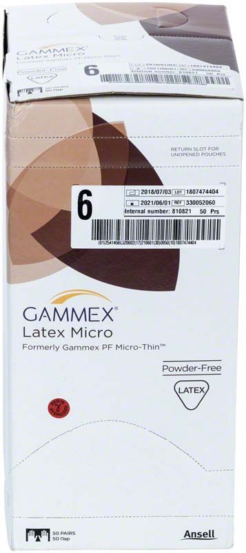 Verpackung der Gammex Latex Micro Gr. 6, puderfreie medizinische Handschuhe.