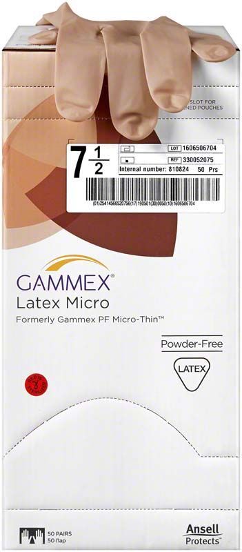 Gammex Latex Micro Handschuhe, Größe 7,5, puderfrei, auf Verpackung.