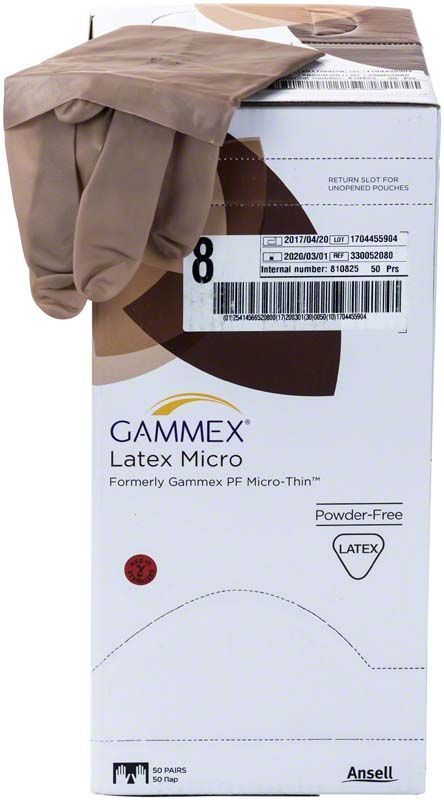 Gammex Latex Micro Handschuhe Größe 8 auf Verpackung mit Produktdetails.