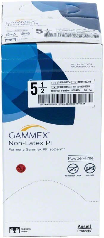 Gammex Non-Latex PI Handschuhverpackung mit Produktdetails und Logos.