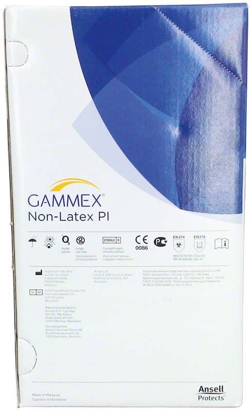 Gammex Non-Latex PI Verpackung mit CE-Kennzeichnung und Produktspezifikationen.