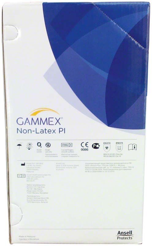 Gammex Non-Latex PI Verpackung mit Sicherheits- und Größeninformationen.