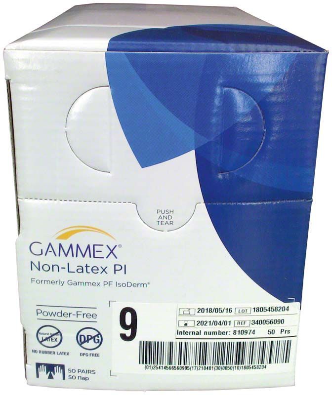 Gammex Non-Latex PI Handschuhverpackung Größe 9 mit Sicherheitsinformationen.