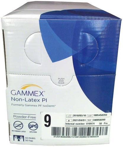 Gammex Non-Latex PI Handschuhverpackung Größe 9 mit Sicherheitsinformationen.