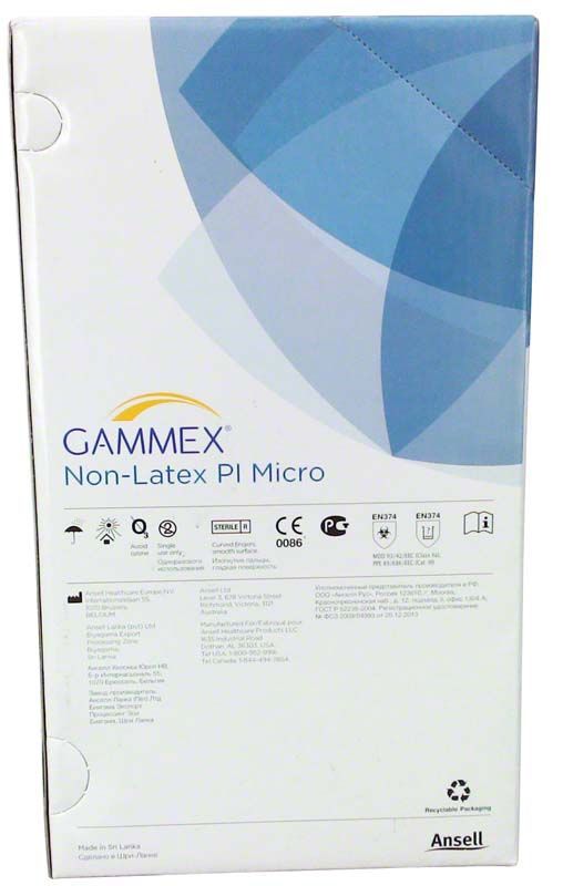 Gammex Non-Latex PI Micro Handschuhverpackung mit blauen geometrischen Mustern und Zertifizierungssymbolen.
