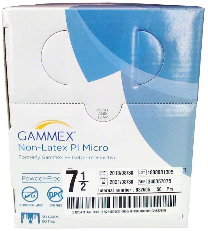 Gammex Non-Latex PI Micro Handschuhverpackung mit Größenangabe 7,5 und Produktspezifikationen.