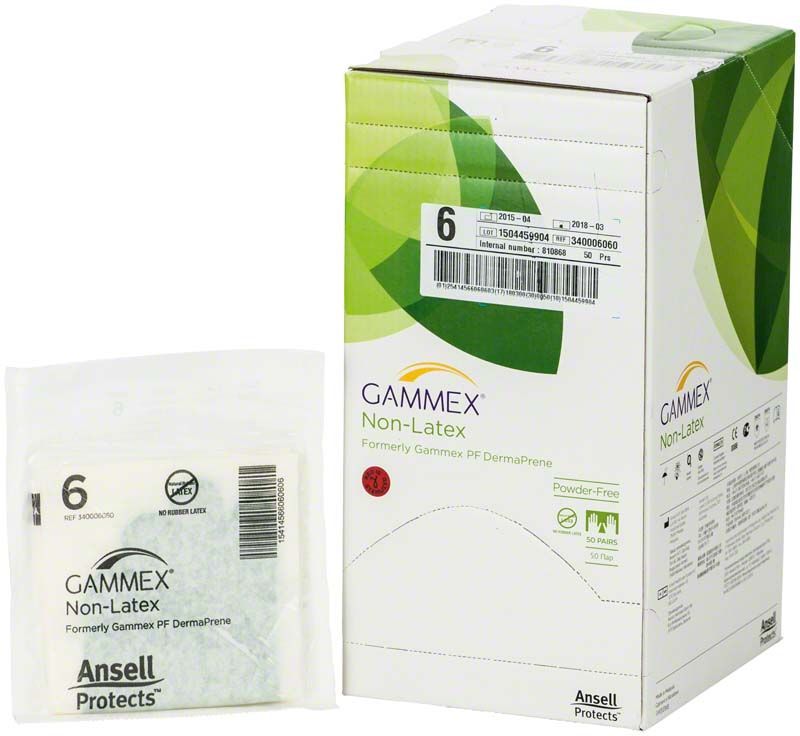 Gammex Non-Latex Handschuhe, puderfrei, Verpackung mit Größe 6.