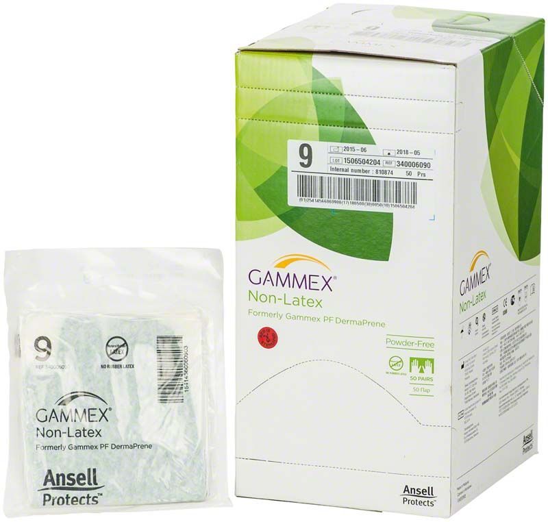 Gammex Non-Latex Handschuhe, Größe 9, Verpackung und Einzelbeutel.