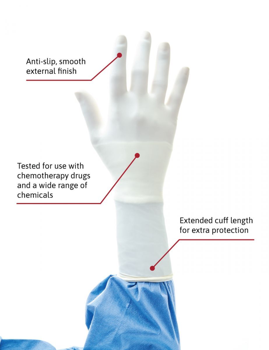 Handschuh Gammex Non-Latex Sensitive mit verlängertem Bündchen und glatter Außenseite.
