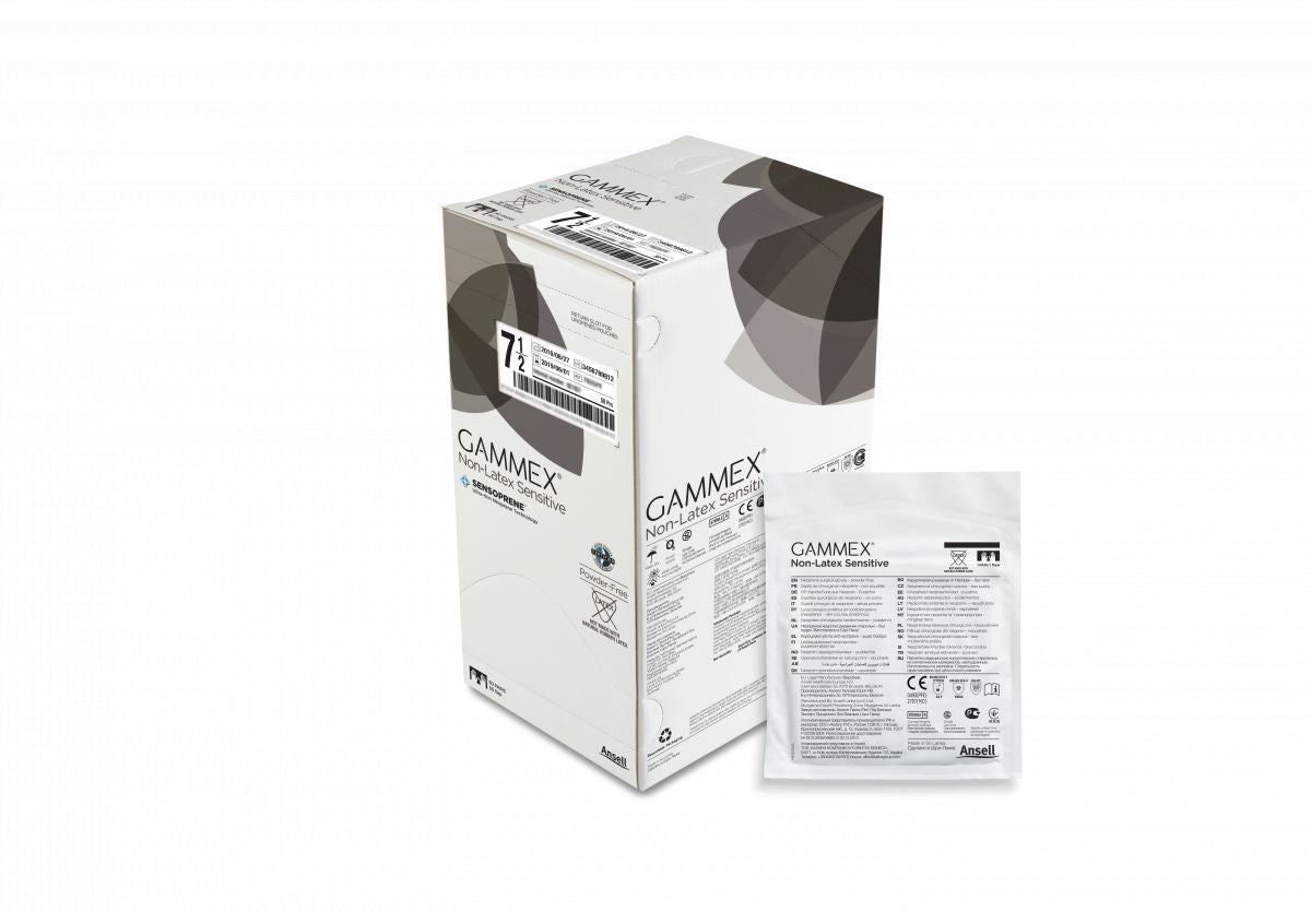 Verpackung der Gammex Non-Latex Sensitive Handschuhe, Größe 9, mit Einzelverpackung.