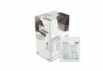 Verpackung und Einzelverpackung der Gammex Non-Latex Sensitive Handschuhe, Größe 9.