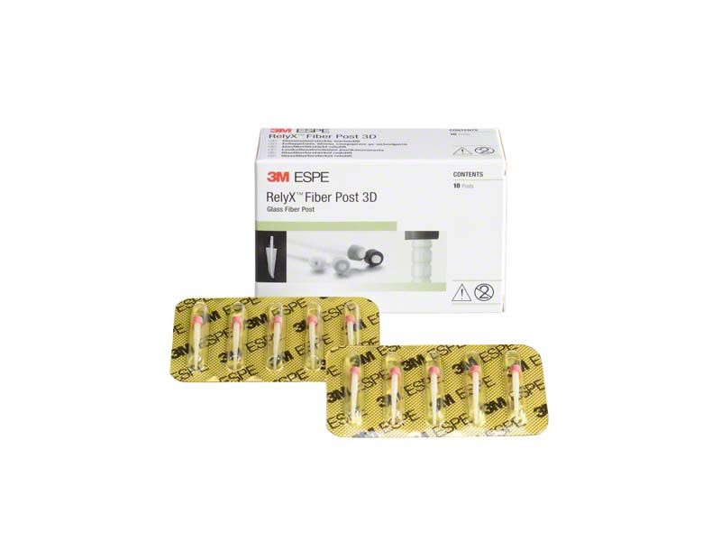 RelyX Fiber Post 3D Glasfaserstifte mit Verpackung im Hintergrund.