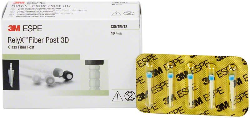 RelyX Fiber Post 3D Glasfaserverstärkter Wurzelstift Verpackung und Einzelblister.