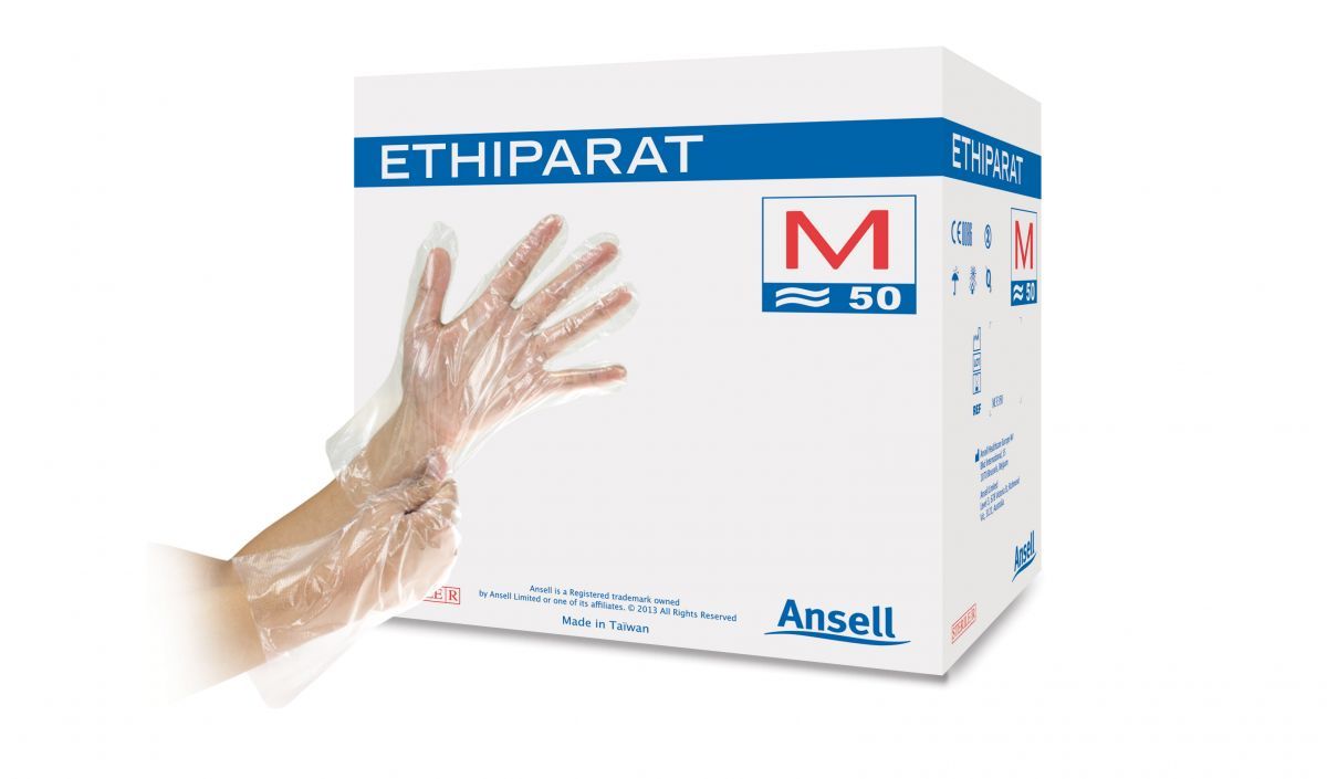 Sterile Einweghandschuhe ETHIPARAT Größe S, transparente Darstellung auf Verpackung.