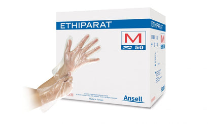Sterile Einweghandschuhe ETHIPARAT Größe S, transparente Darstellung auf Verpackung.