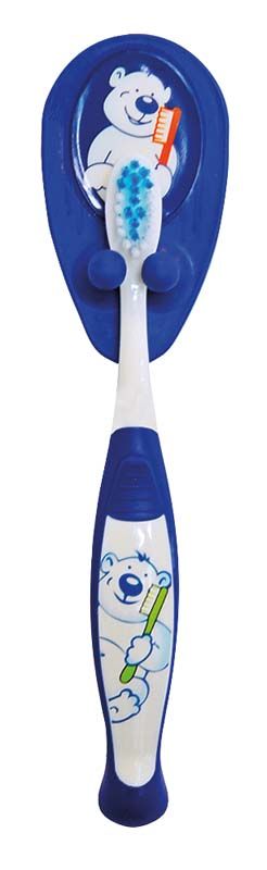 Blau-weiße Babyzahnbürste mit Bärenmotiv auf Griff und Verpackung.