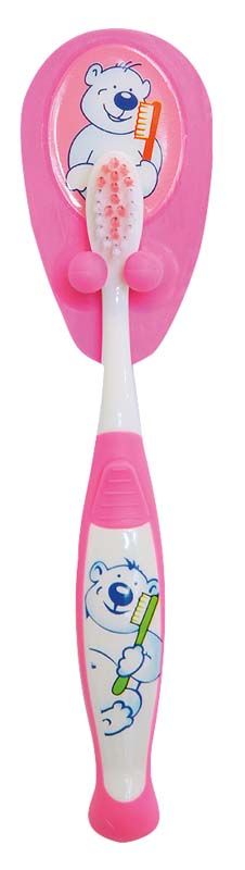 Zahnbürste für Babys (0-3 Jahre) in Rosa mit Bärenmotiv.