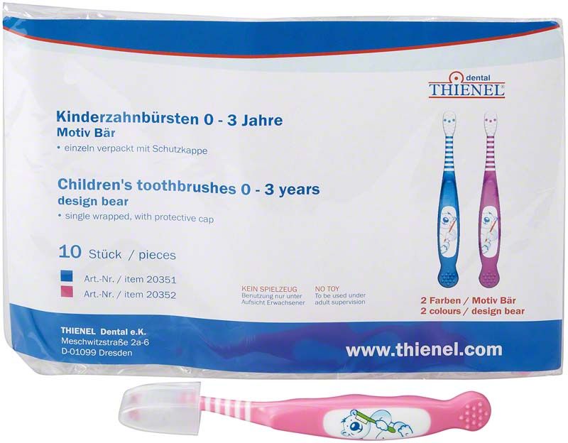 Kinderzahnbürste Baby (0-3) 10er-Pack in Rosa mit Bärenmotiv.