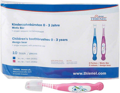 Kinderzahnbürste Baby (0-3) 10er-Pack in Rosa mit Bärenmotiv.