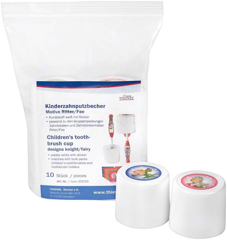 Zahnputzbecher 10er Pack in Weiß mit Motiv: Zahnfee und Ritter.