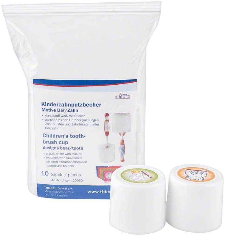 Zahnputzbecher 10er Pack in Weiß mit Bär- und Zahn-Motiv.