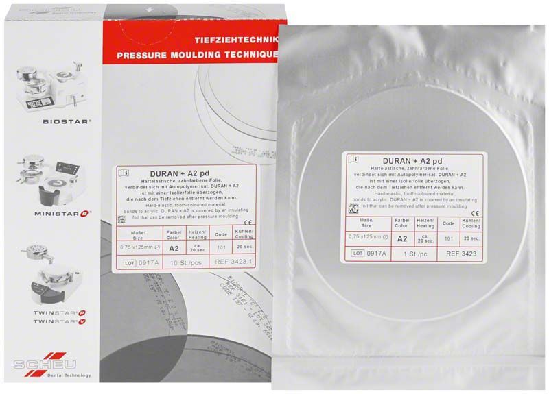 DURAN®+ A2 pd Tiefziehfolie in Originalverpackung mit technischen Details.
