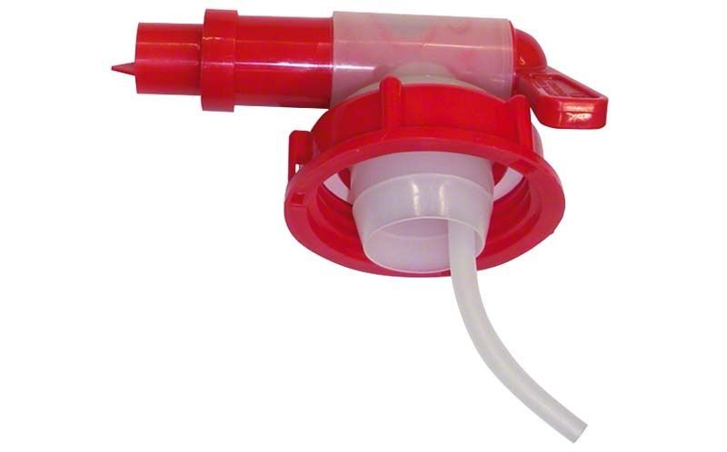 Dosierhahn für 5-Liter-Kanister mit rotem und transparentem Kunststoff.