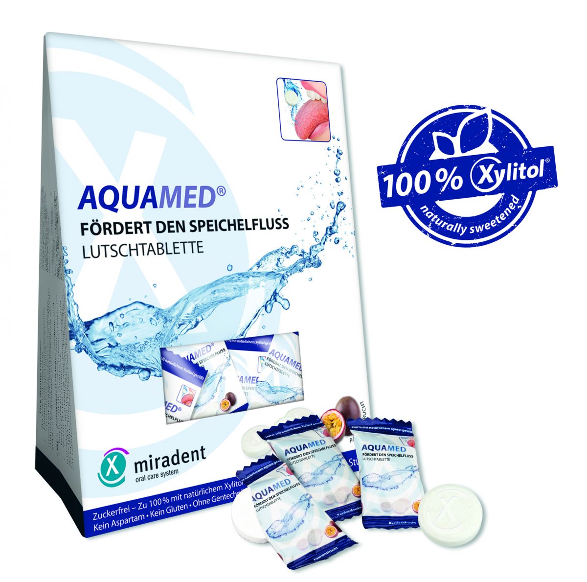 AQUAMED® Lutschtabletten Einzelpackung zur Linderung von Mundtrockenheit.