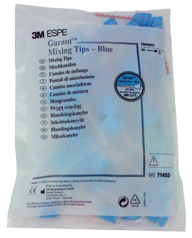 3M™ Garant™ Mischkanülen blau in transparenter Verpackung mit Aufdruck.