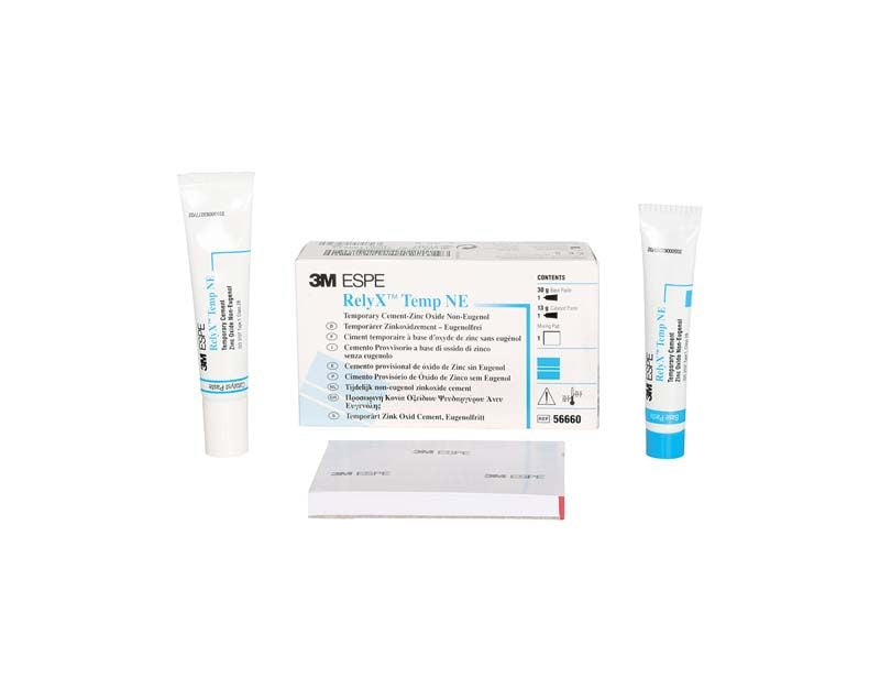 Verpackung und Tuben des temporären Zinkoxidzements 3M RelyX Temp NE.