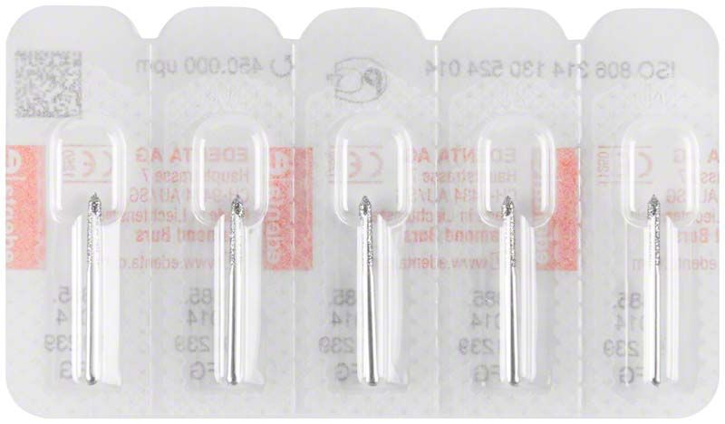 Diamant FG 885 014 Schleifinstrumente in Blisterverpackung mit fünf Einheiten.
