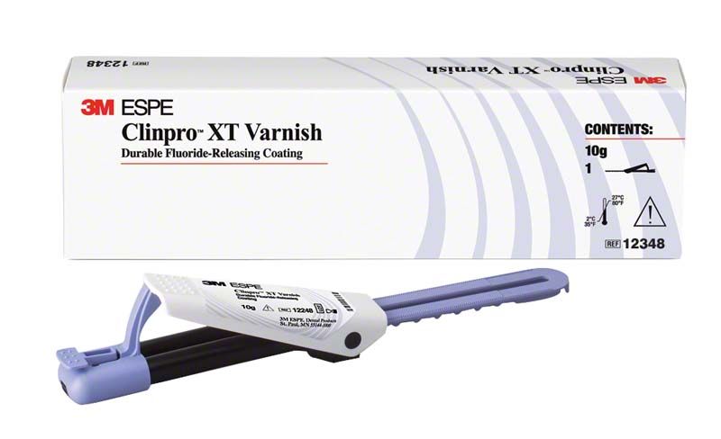 Clinpro™ XT Varnish Clicker Dispenser und Verpackung mit Produktdetails.