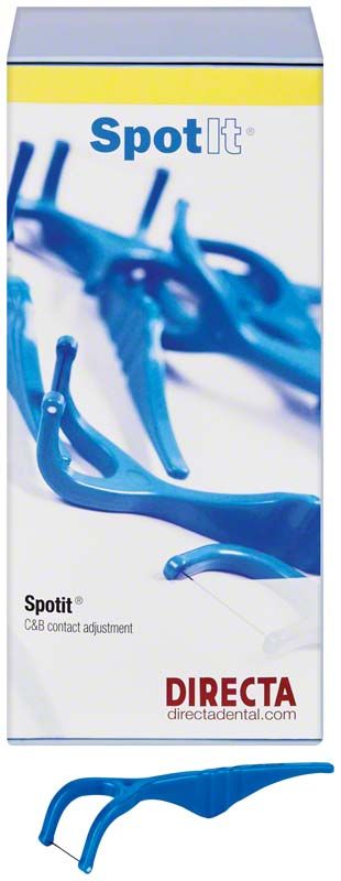 SpotIt Directa Verpackung mit blauen abgewinkelten Dentalinstrumenten.