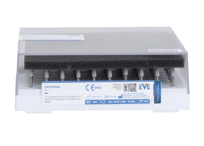 Universalpolierer EVE W11 in geöffneter Verpackung mit Sicht auf Polieraufsätze.