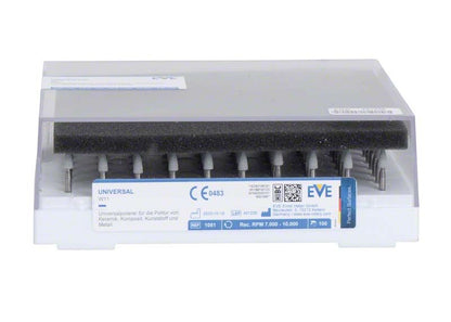 Universalpolierer EVE W11 in geöffneter Verpackung mit Sicht auf Polieraufsätze.