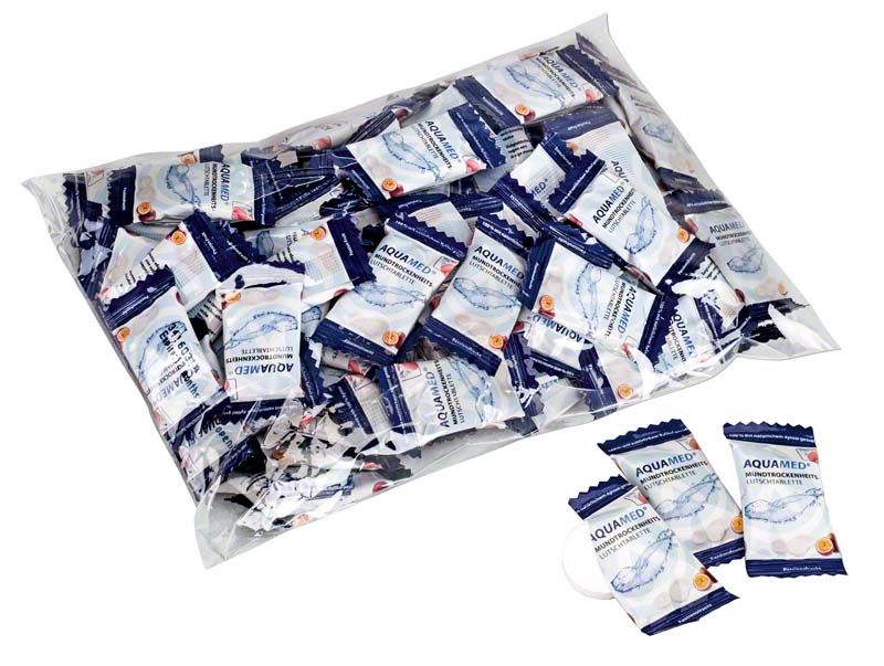 Einzelverpackungen von AQUAMED® Lutschtabletten zur Linderung von Mundtrockenheit.