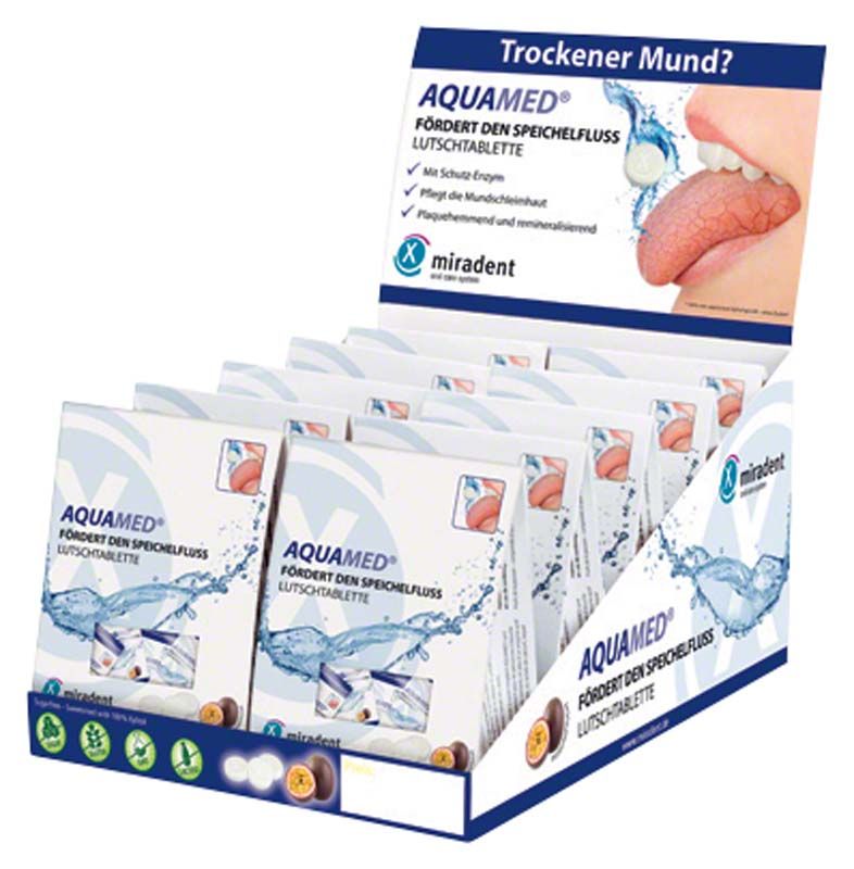 AQUAMED® Lutschtabletten-Display zur Linderung von Mundtrockenheit.