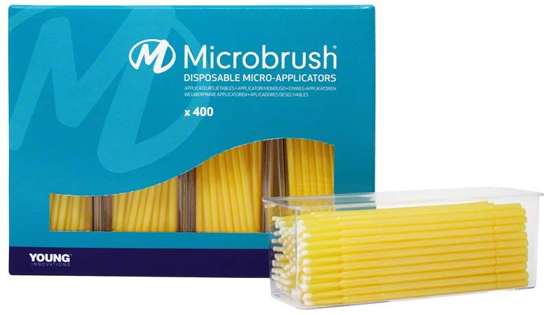 Microbrush Plus Applikatoren 400er fein gelb in Verpackung und Aufbewahrungsbox.
