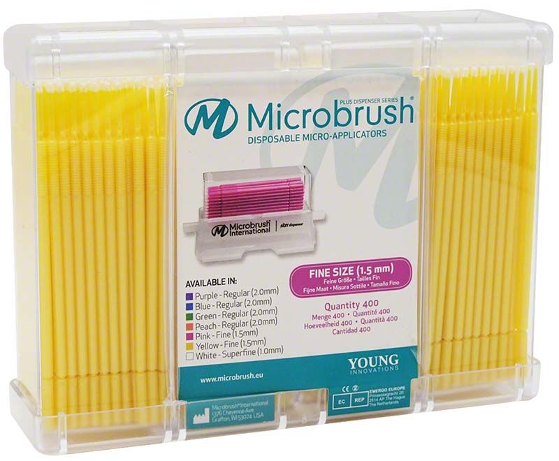 Microbrush Plus Applikatoren in gelber Farbe in transparenter Aufbewahrungsbox.