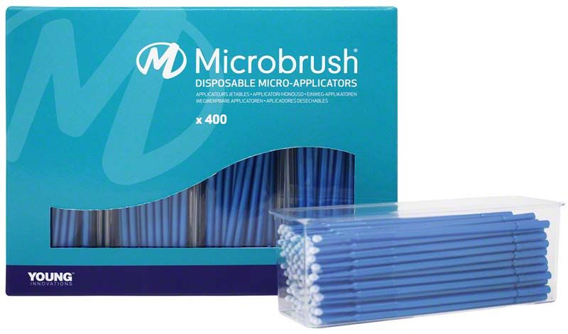 Microbrush Plus Applikatoren 400er, blau, in Verpackung und Spenderbox.