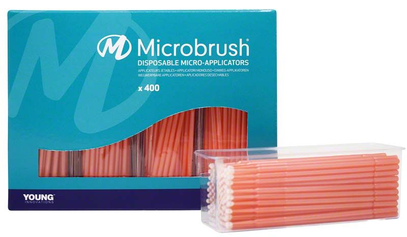 Microbrush Plus Applikatoren 400er regular orange in Verpackung und Behälter.