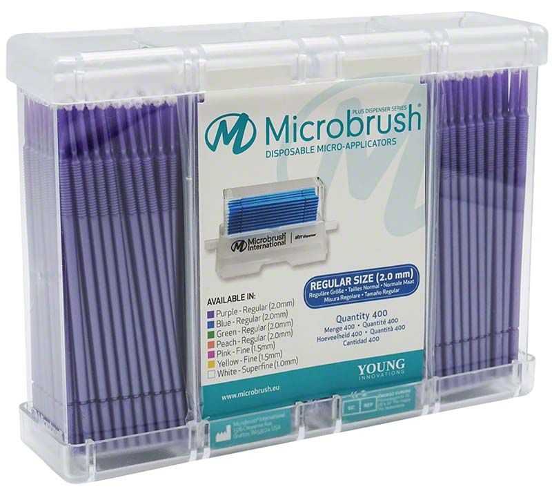 Microbrush Plus Applikatoren violett, 400er Packung, Detailansicht der Verpackung.