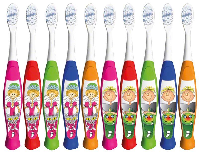 Kinderzahnbürsten in verschiedenen Farben mit Fee- und Rittermotiven.