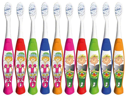 Kinderzahnbürsten in verschiedenen Farben mit Fee- und Rittermotiven.