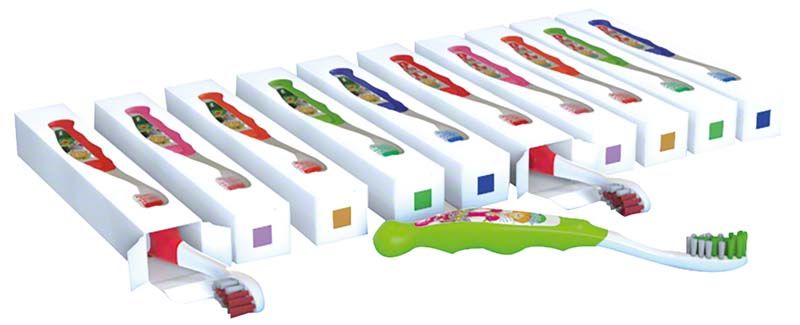Gruppenpackung Kinderzahnbürsten mit Fee- und Rittermotiven in bunter Vielfalt.