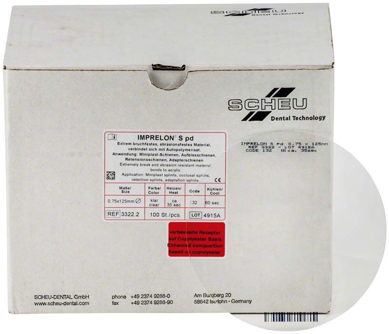 Verpackung der IMPRELON® S pd Rundfolie für Dentaltechnik mit Produktspezifikationen.